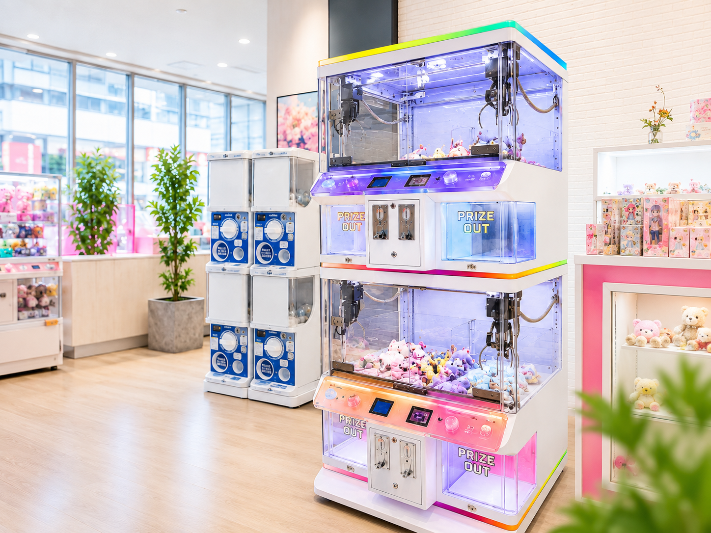 空きスペースにBUZZGAMESのクレーンゲームとカプセルトイを設置している写真